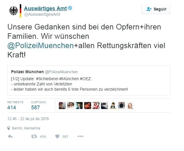  FORÇA - O Ministério das Relações Exteriores alemão divulgou no Twitter: "Nossos pensamentos estão com as vítimas e suas famílias. Desejamos a polícia de Munique e todos os serviços de emergência muita força”.